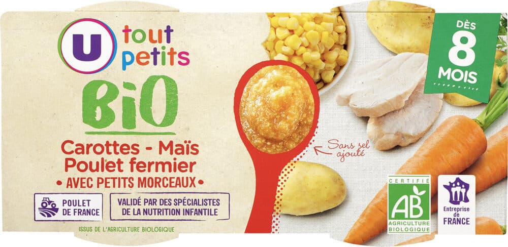 U Bols carottes maïs poulet fermier avec morceaux U_TOUT_PETITS Bio packshot