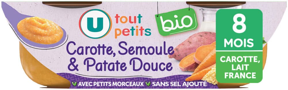 U Plat bébé du soir Patate douce carotte et semoule, dès 8 mois - 2x200g- Repas bébé packshot