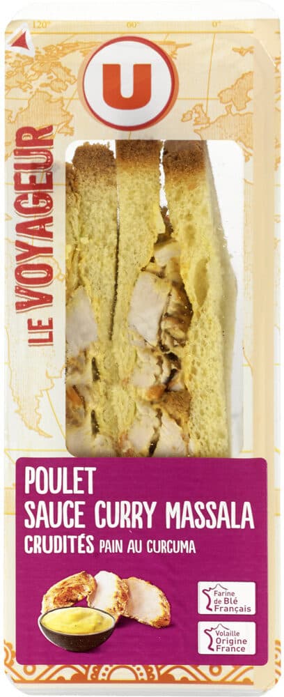 U Sandwich au pain de mie spécial indien garni de filet de poulet traitéen salaison, d'une sauce au curry et de crudités packshot