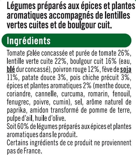 U Lentilles vertes boulgour légumes cuisinés à l'orientale packshot