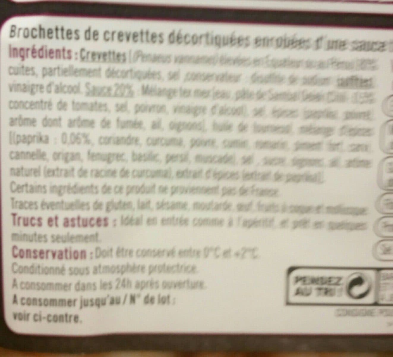 U Brochettes crevettes Tex Mex, transformées en France, 3 pièces, barquette 135g packshot