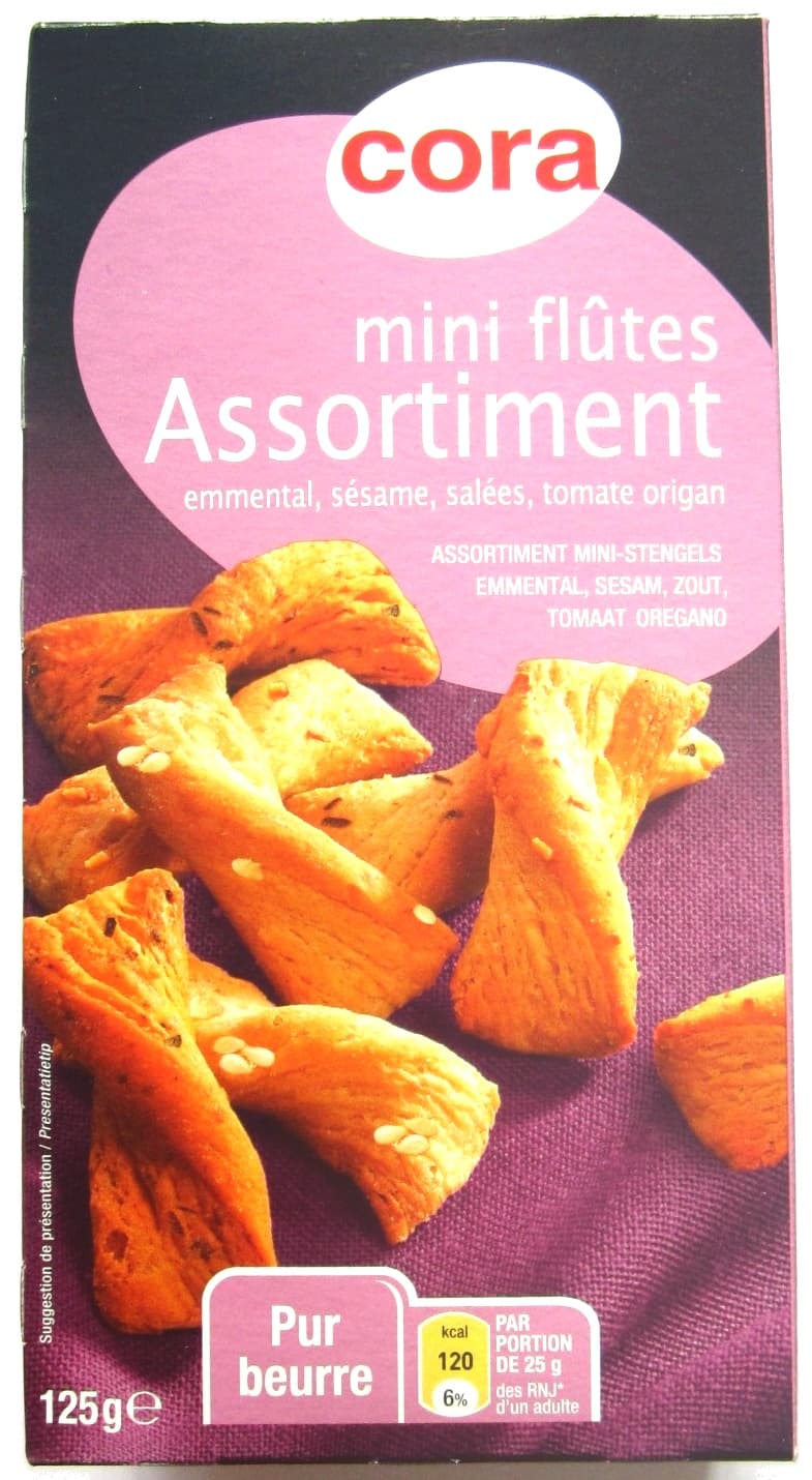 Cora Mini flûtes assortiment emmental, sésame, salées, tomate origan packshot