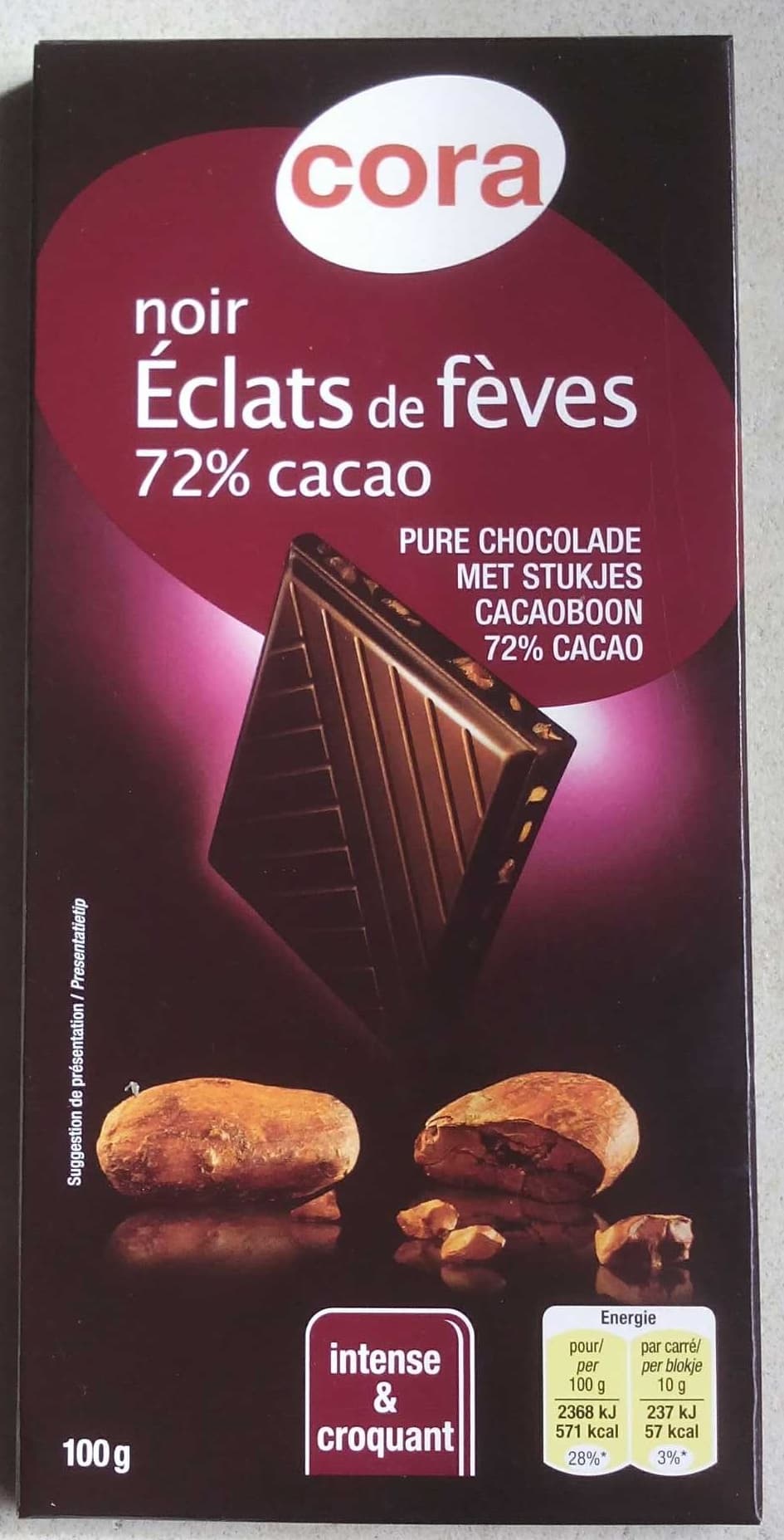 Cora Chocolat noir aux éclats de fèves 72% cacao packshot