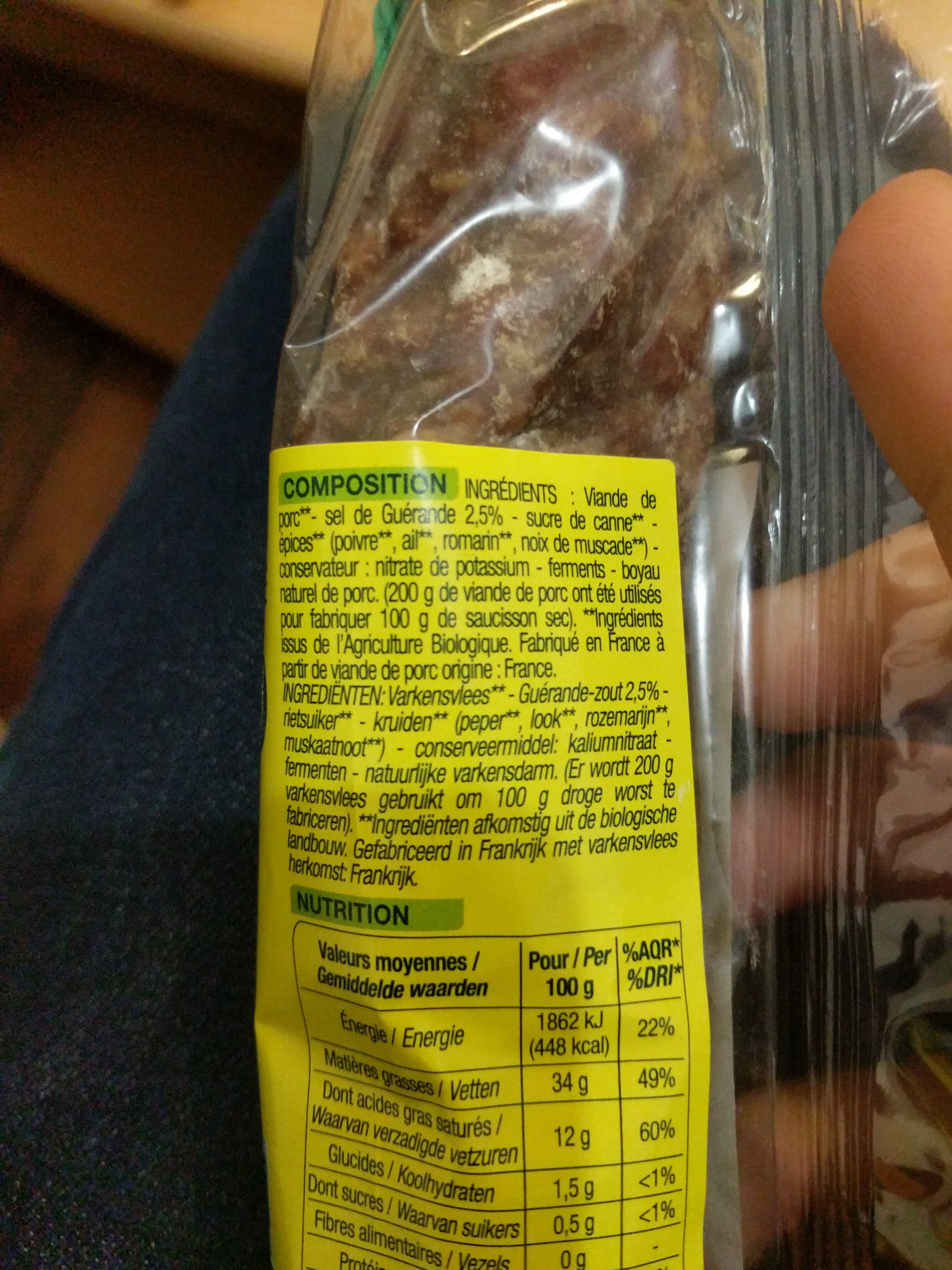 Nature bio Saucisson Sec Pur Porc packshot
