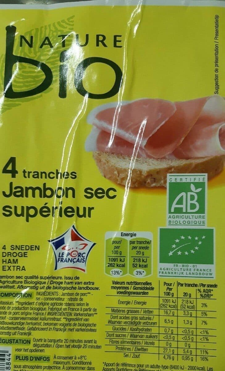 Nature bio Jambon sec de qualité supérieure 80g Bio, 4 tranches packshot