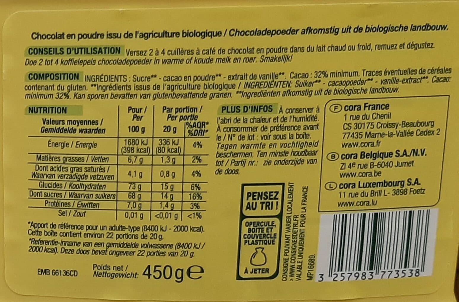 Cora Chocolat en poudre packshot