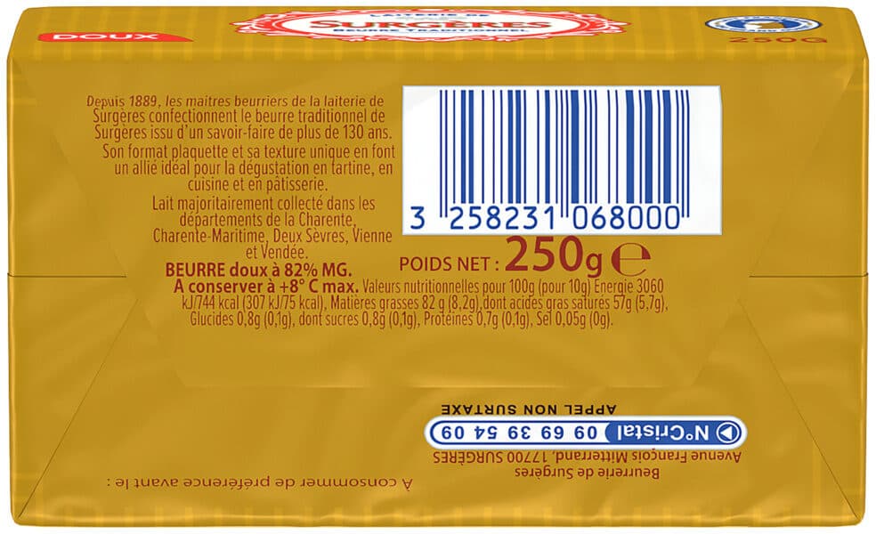 Surgères Le Beurre Surgères 82% MG Doux packshot