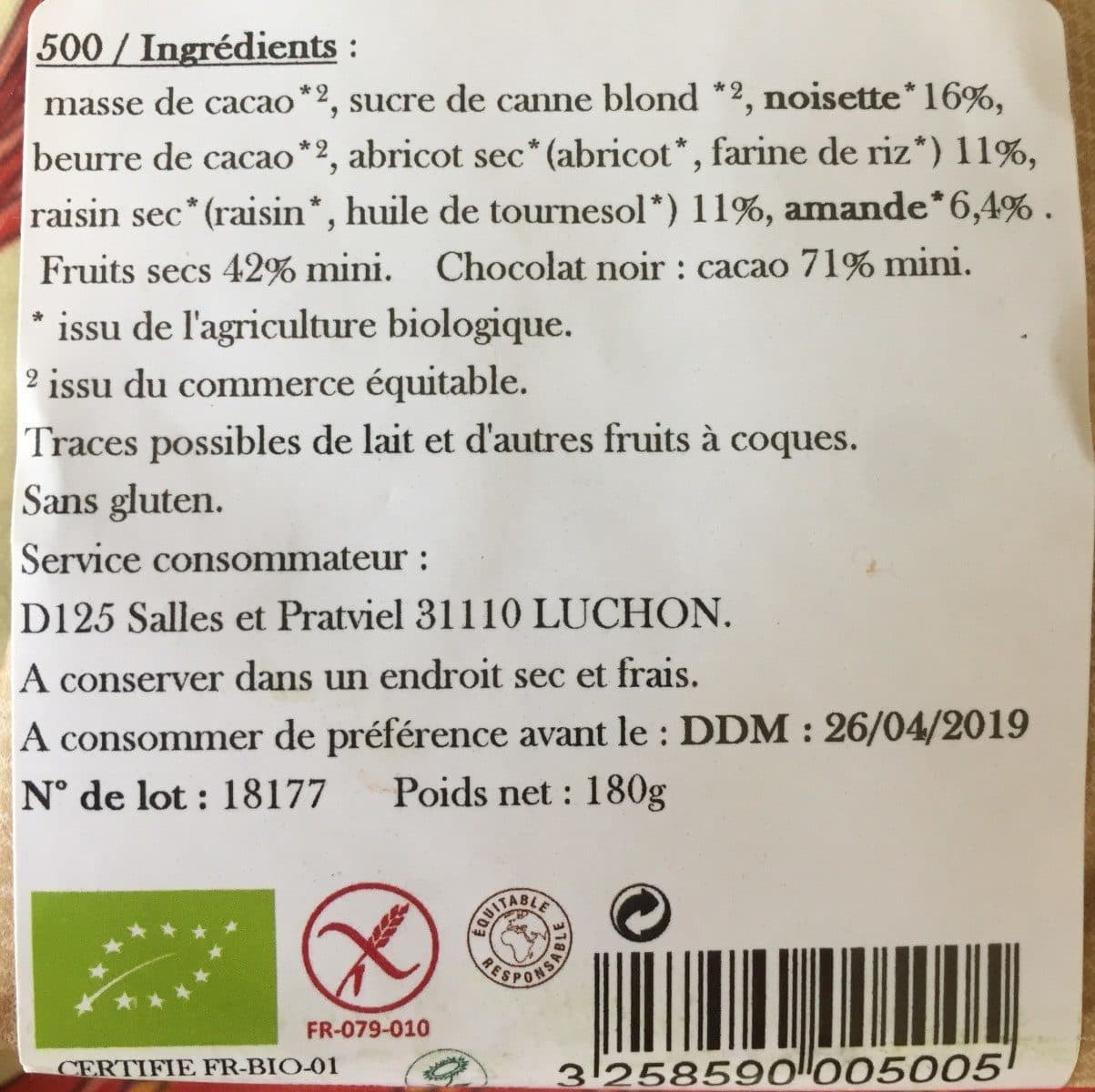 Dardenne Chocolat noir noisette abricot raisin amandes packshot