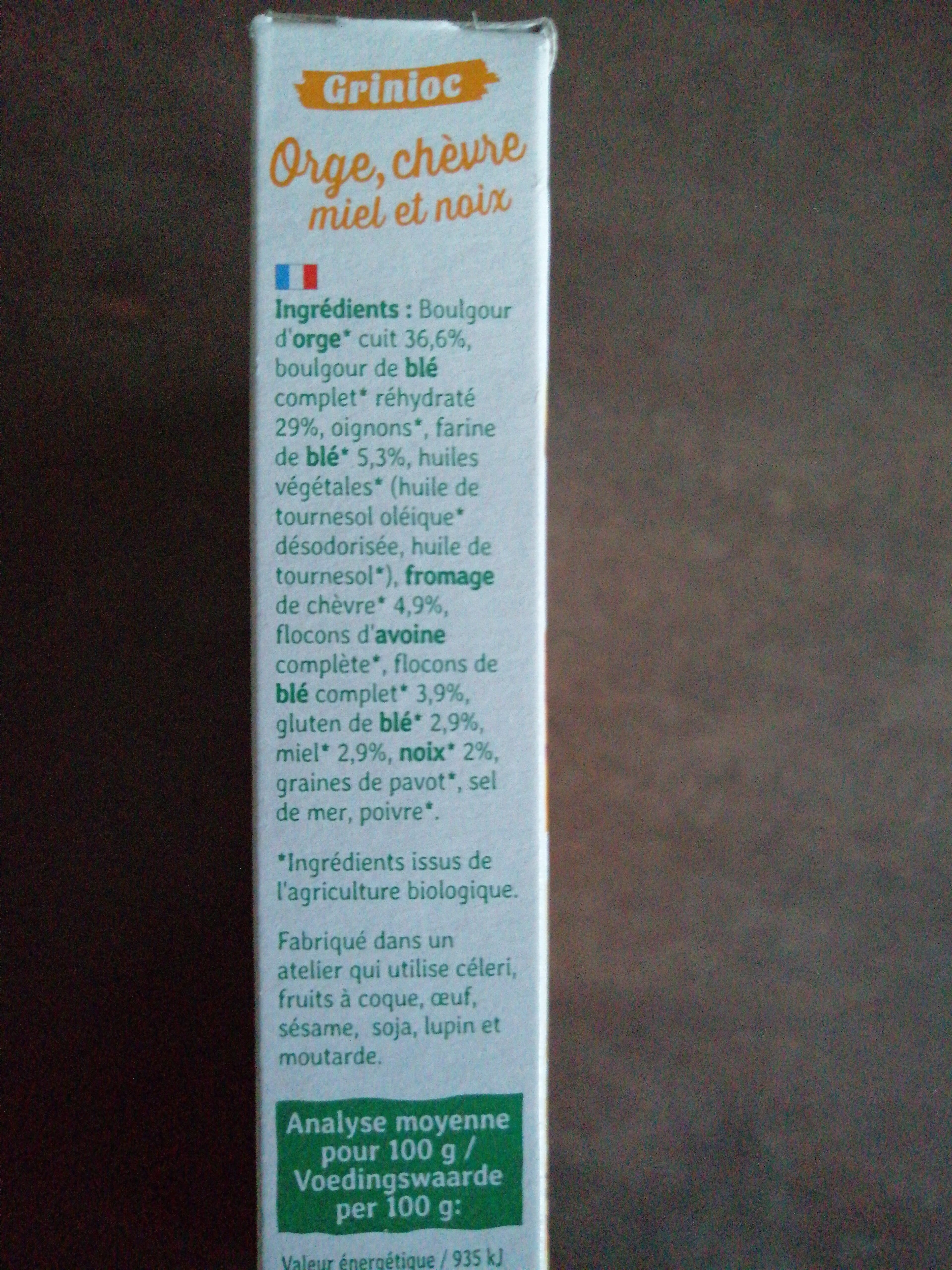 Soy Grinioc orge chèvre, miel, noix packshot