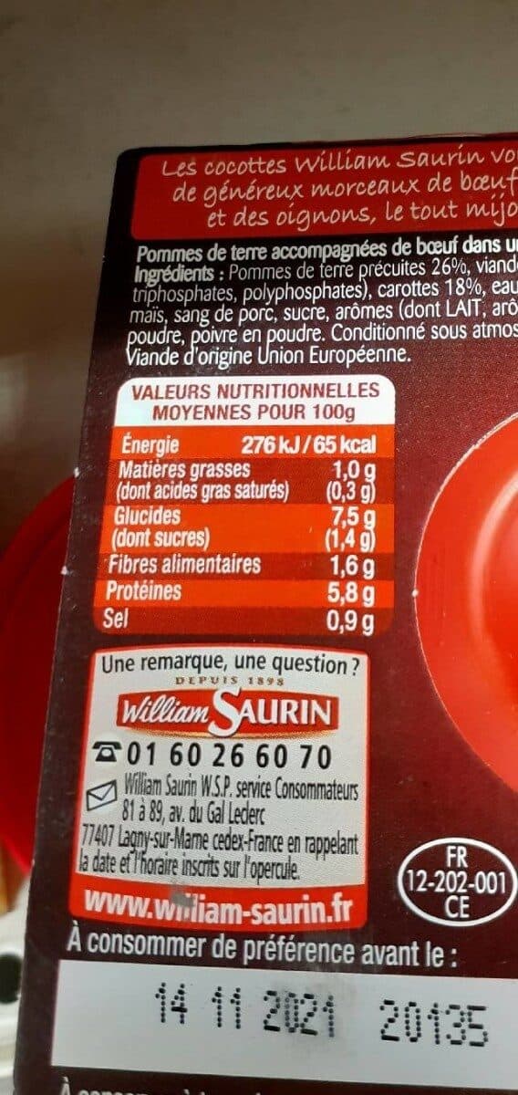 William Saurin Bœuf bourguignon pommes de terre et carottes packshot