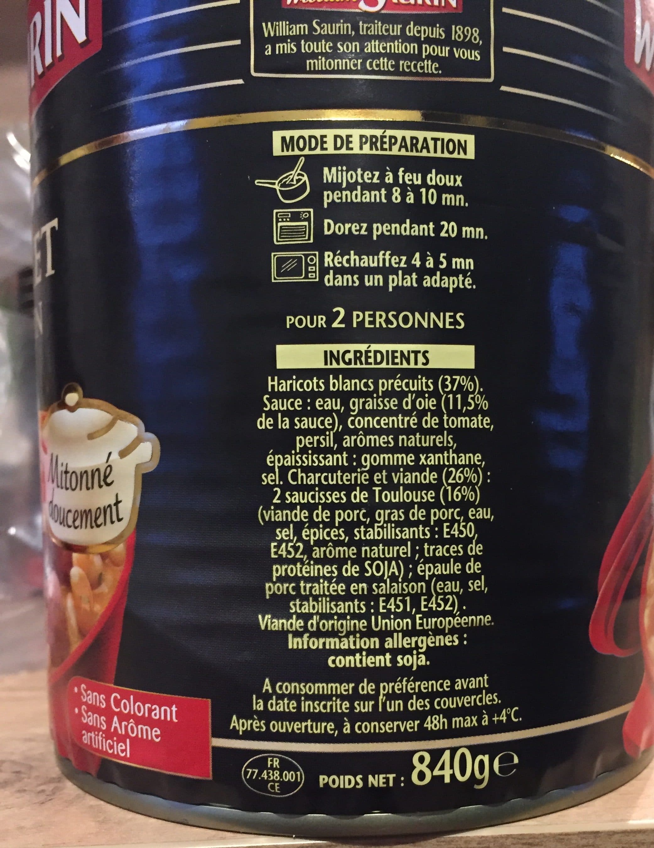 William saurin William saurin cassoulet toulousain 4/4 en lot de 2 + 1/2boite 25% packshot