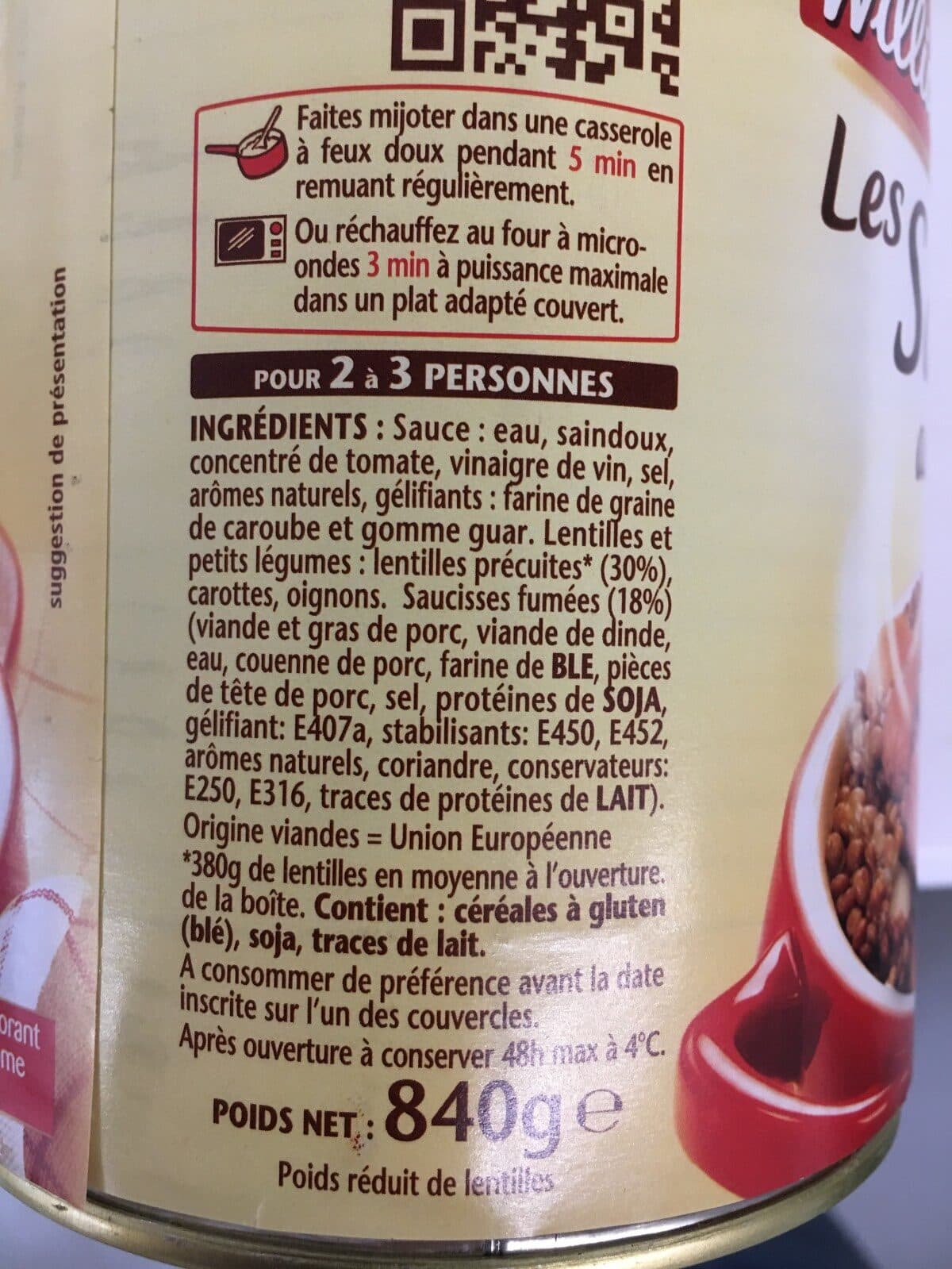 William Saurin Les saucisses aux lentilles packshot