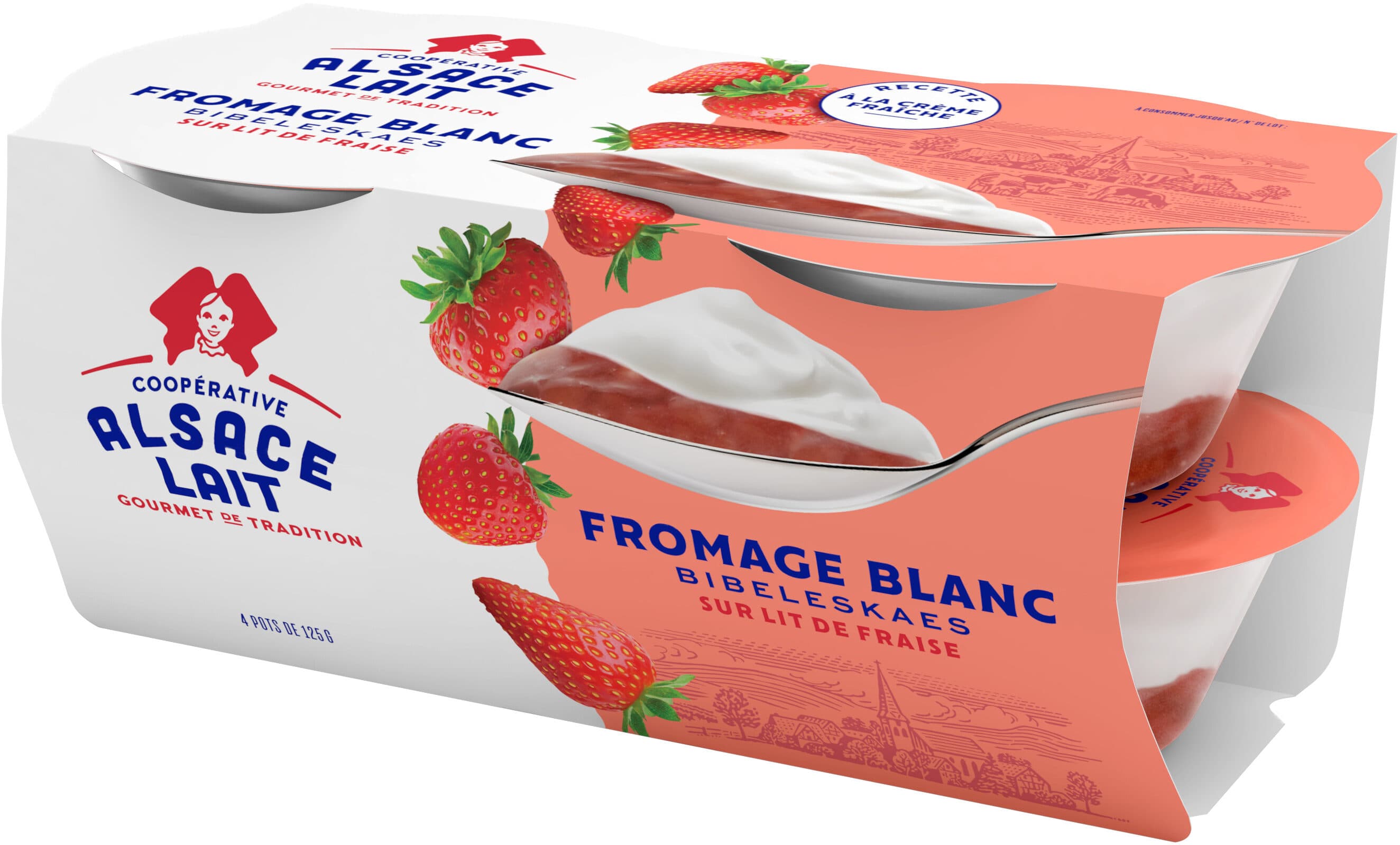 Alsace lait Fromage blanc Bibeleskaes sur lit de Fraises packshot