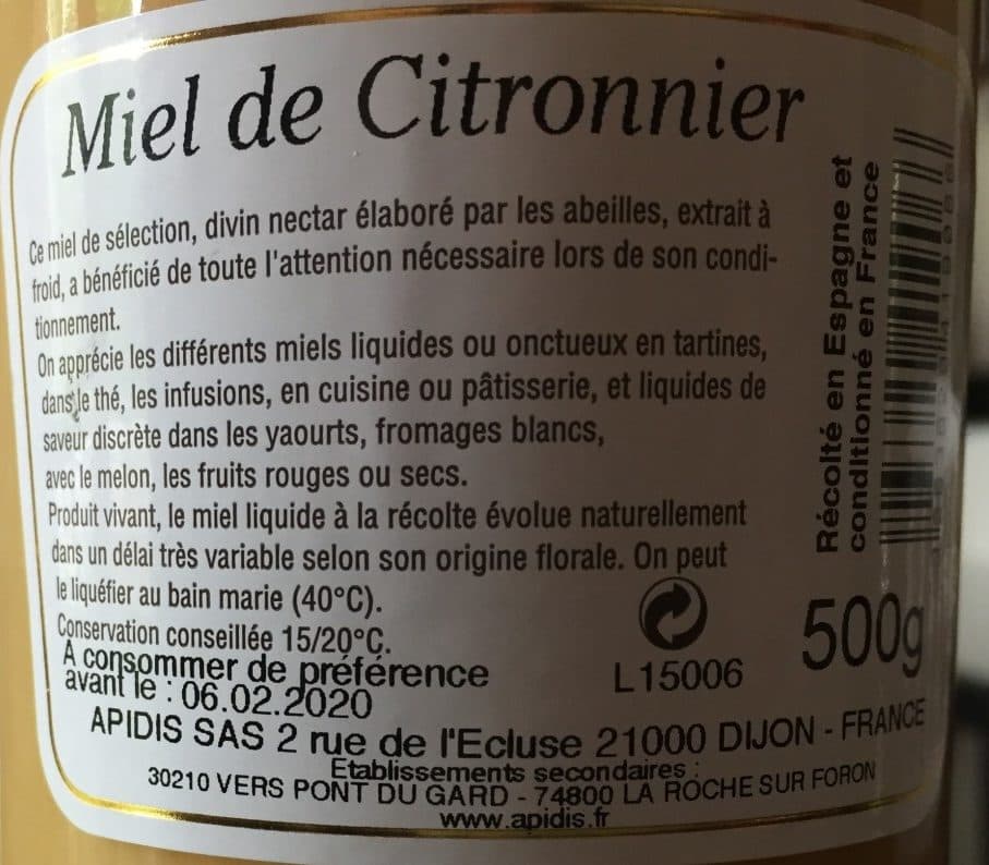 Apidis Miel Citronnier 500G packshot