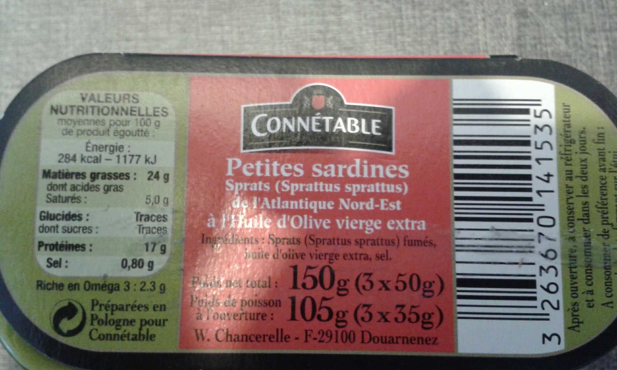 Connetable Petites sardines fines et fondantes à l'huile d'olive CONNETABLE, 3 boîtes de packshot