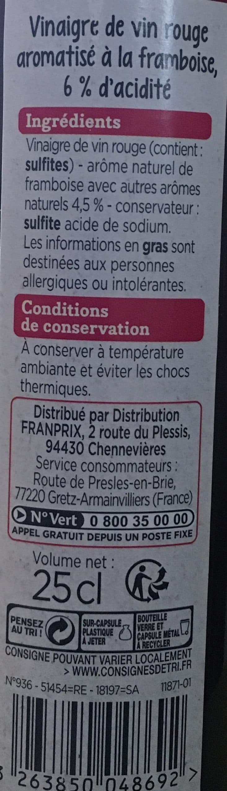 Franprix Vinaigre de vin aromatisé framboise 6% packshot