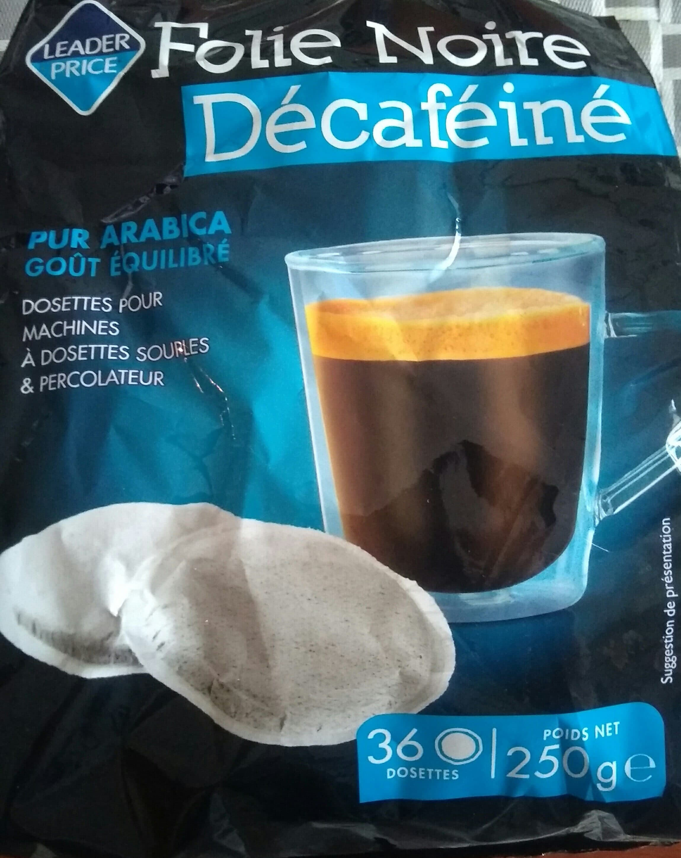 Leader Price Folie noire Décaféiné 100% arabica, 36 dosettes packshot