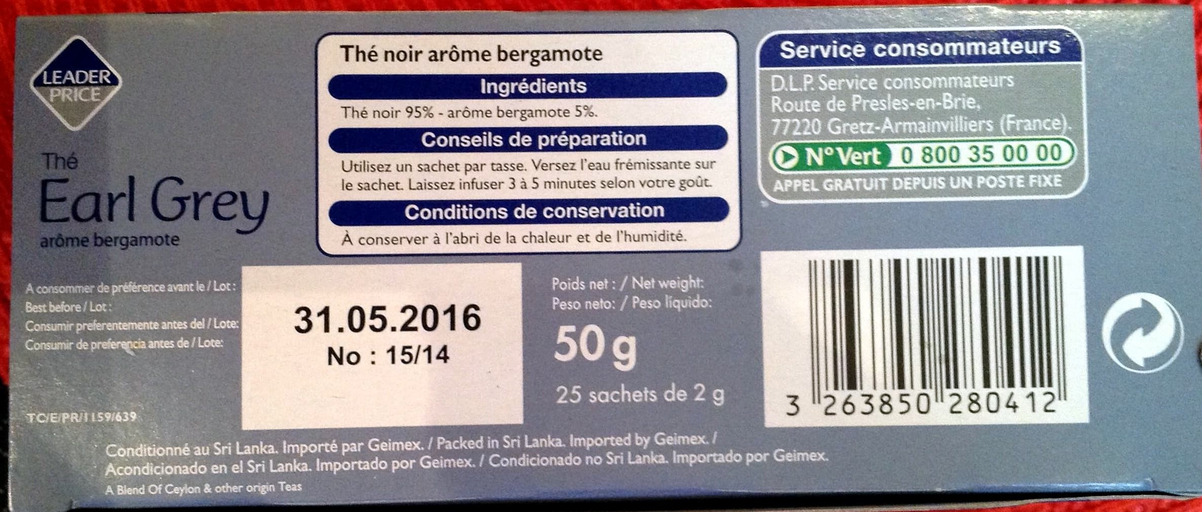 Leader Price Thé Earl Grey arôme Bergamote packshot