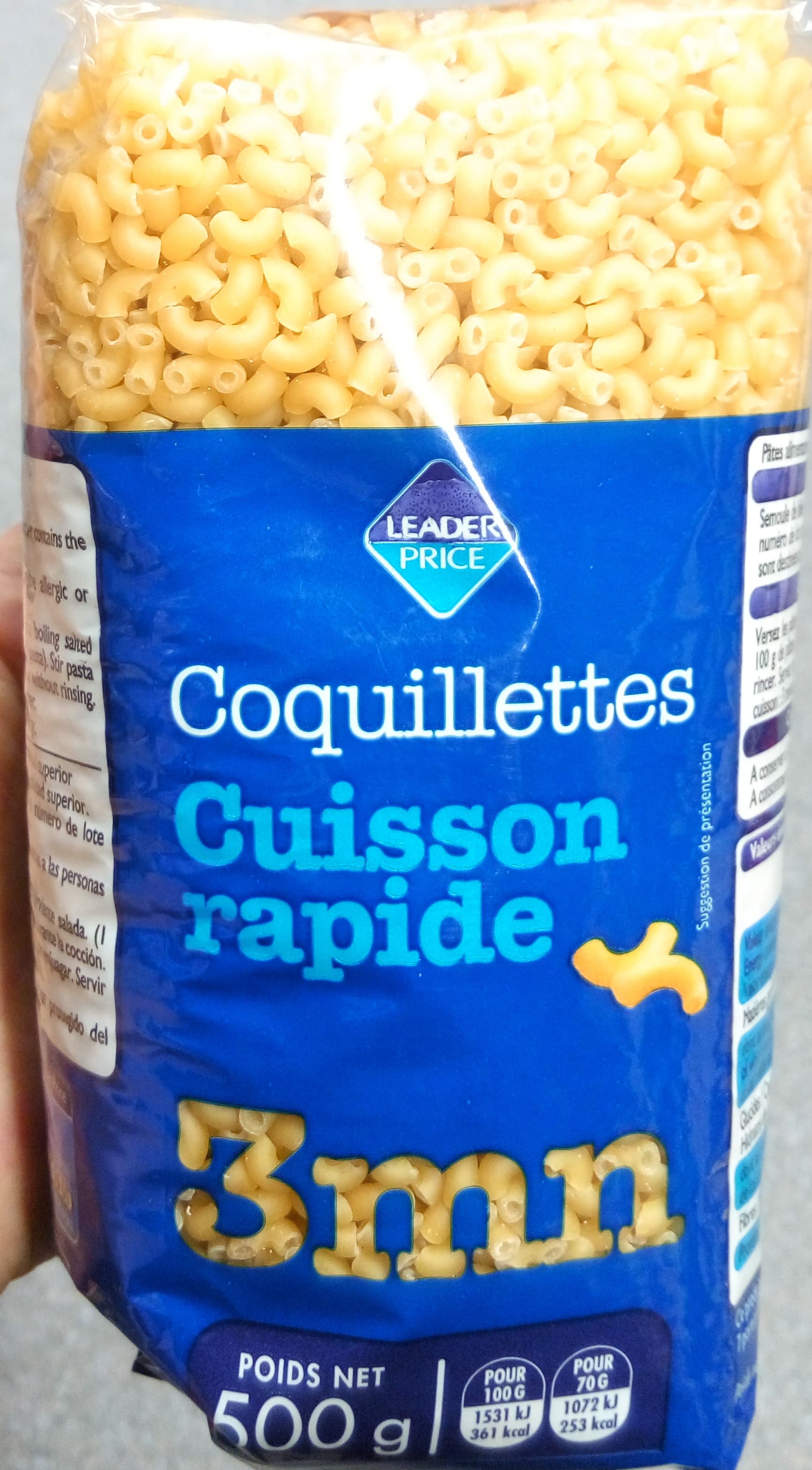 Leader Price Coquillettes cuisson rapide 3 mn packshot