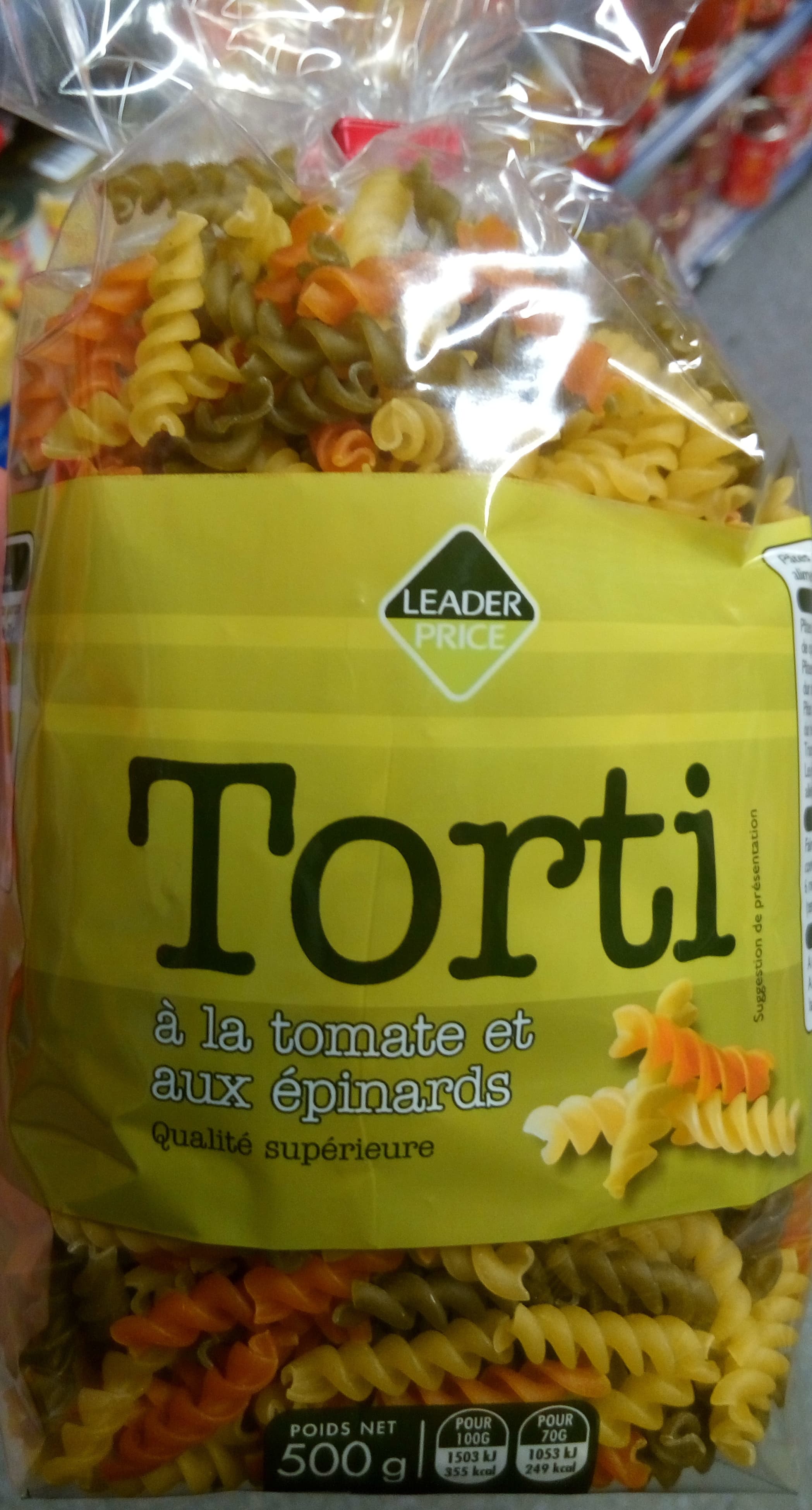 Leader Price Torti à la tomate et aux épinards packshot