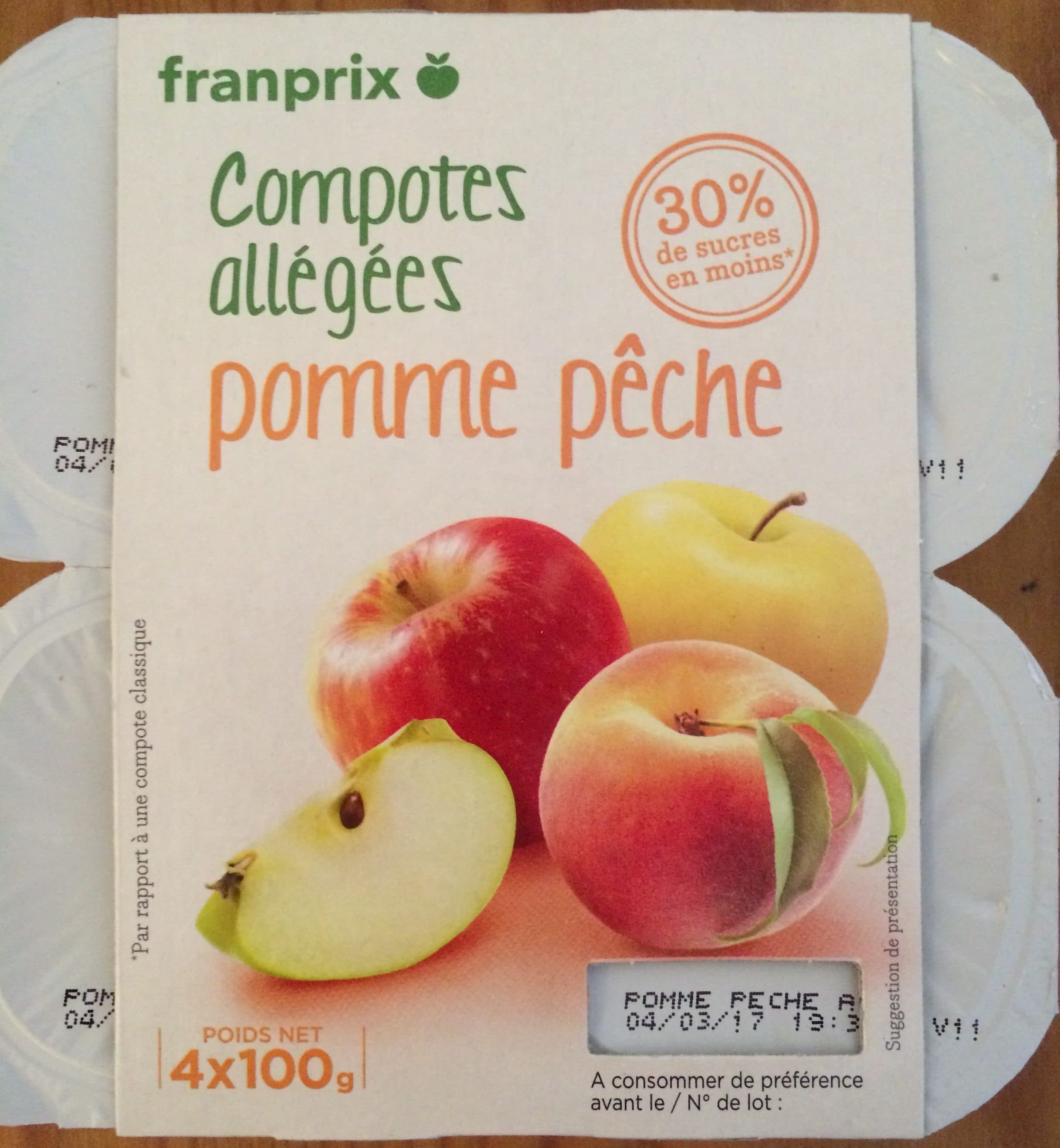 Franprix compotes pomme peche allégées en sucres packshot