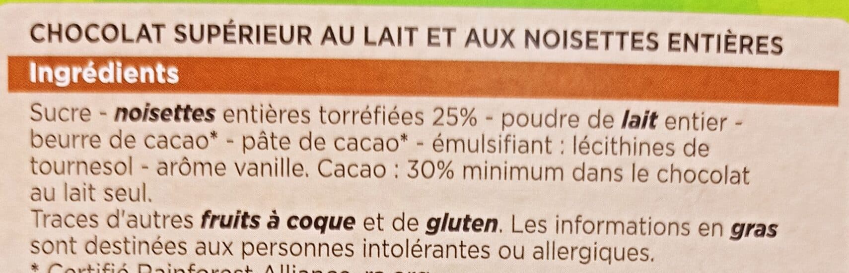 Franprix Chocolat Lait aux noisettes entières packshot