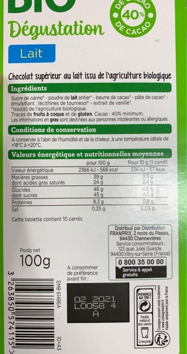 Franprix tablette degustation chocolat au lait bio packshot