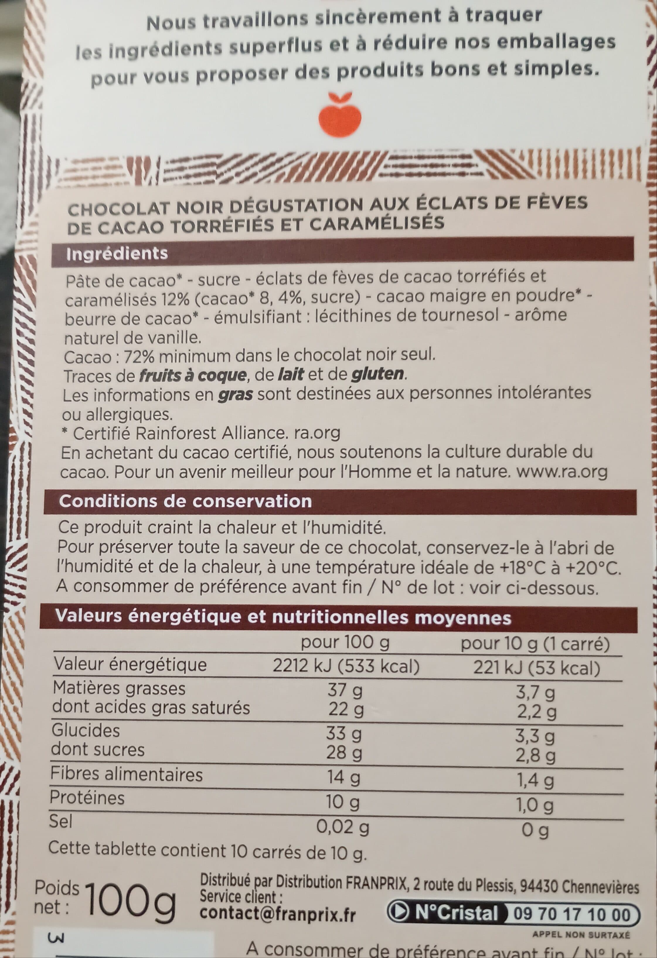 Franprix Chocolat noir aux éclats de fèves de cacao packshot