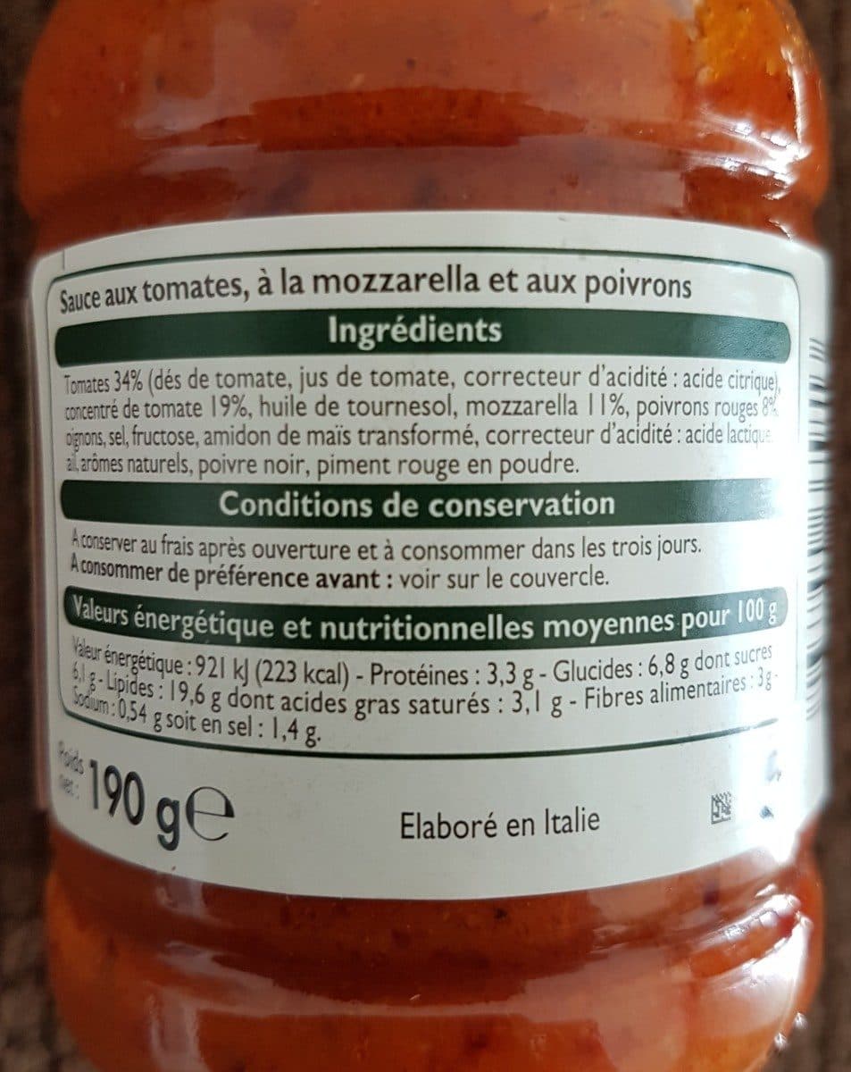 Leader Price Sauce tomates poivrons et mozzarella packshot