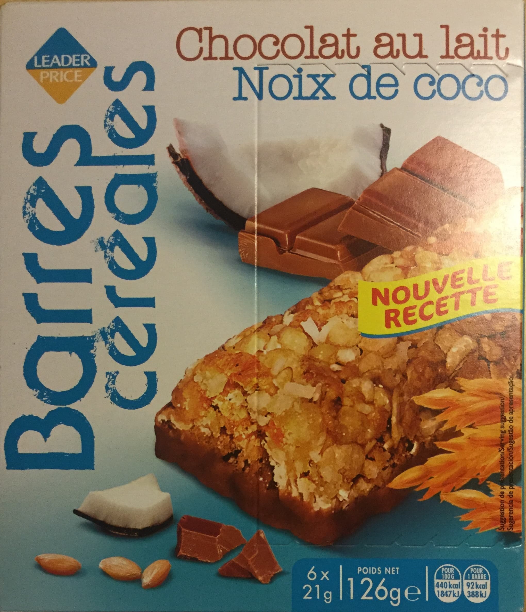 Leader Price Barres cereales - chocolat au lait - noix de coco packshot