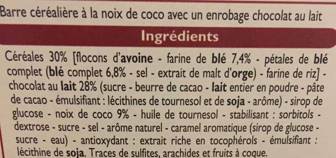 Leader Price Barre céréales Chocolat au lait Noix de coco packshot