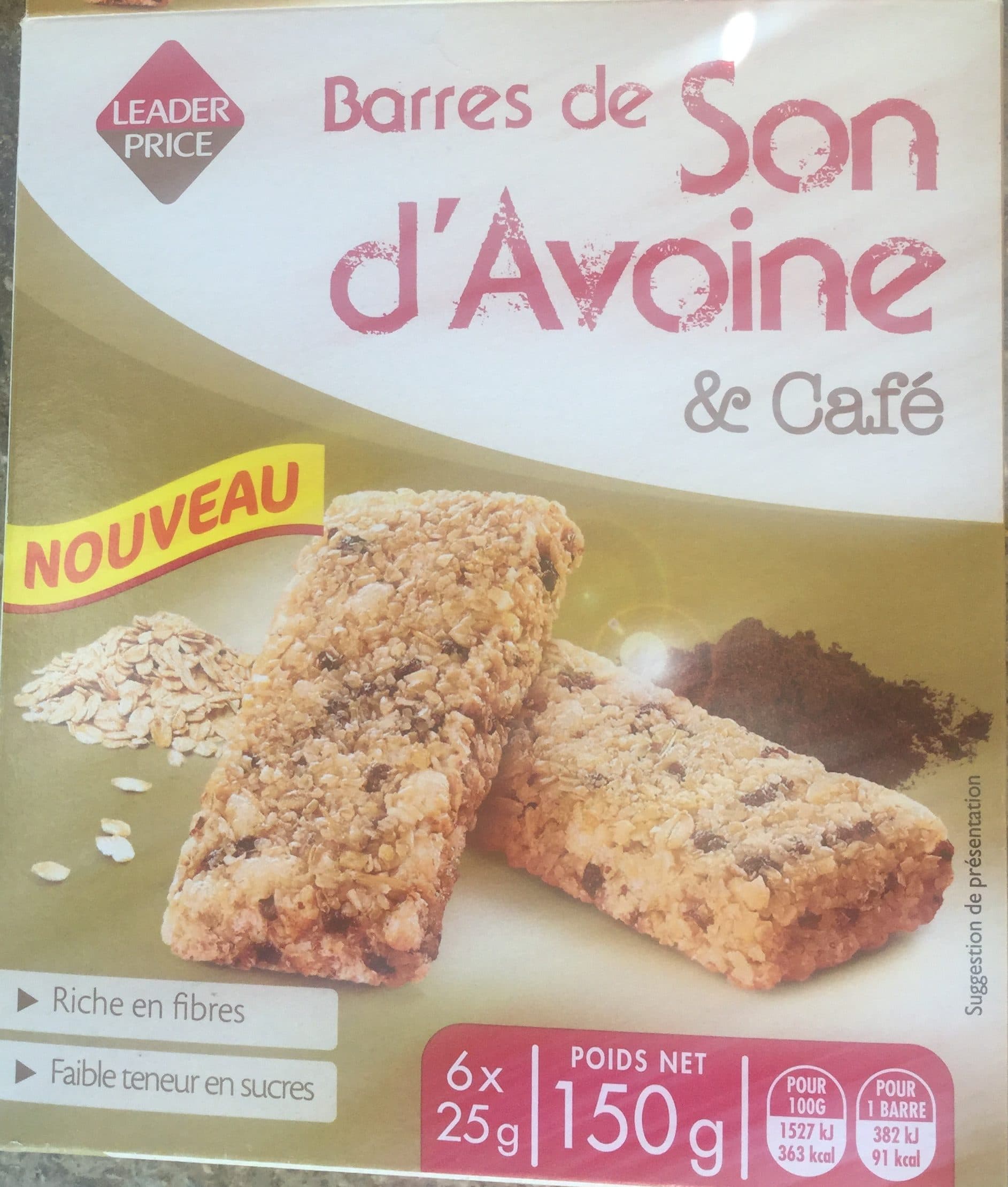 Leader Price Barres de son d'avoine et café packshot