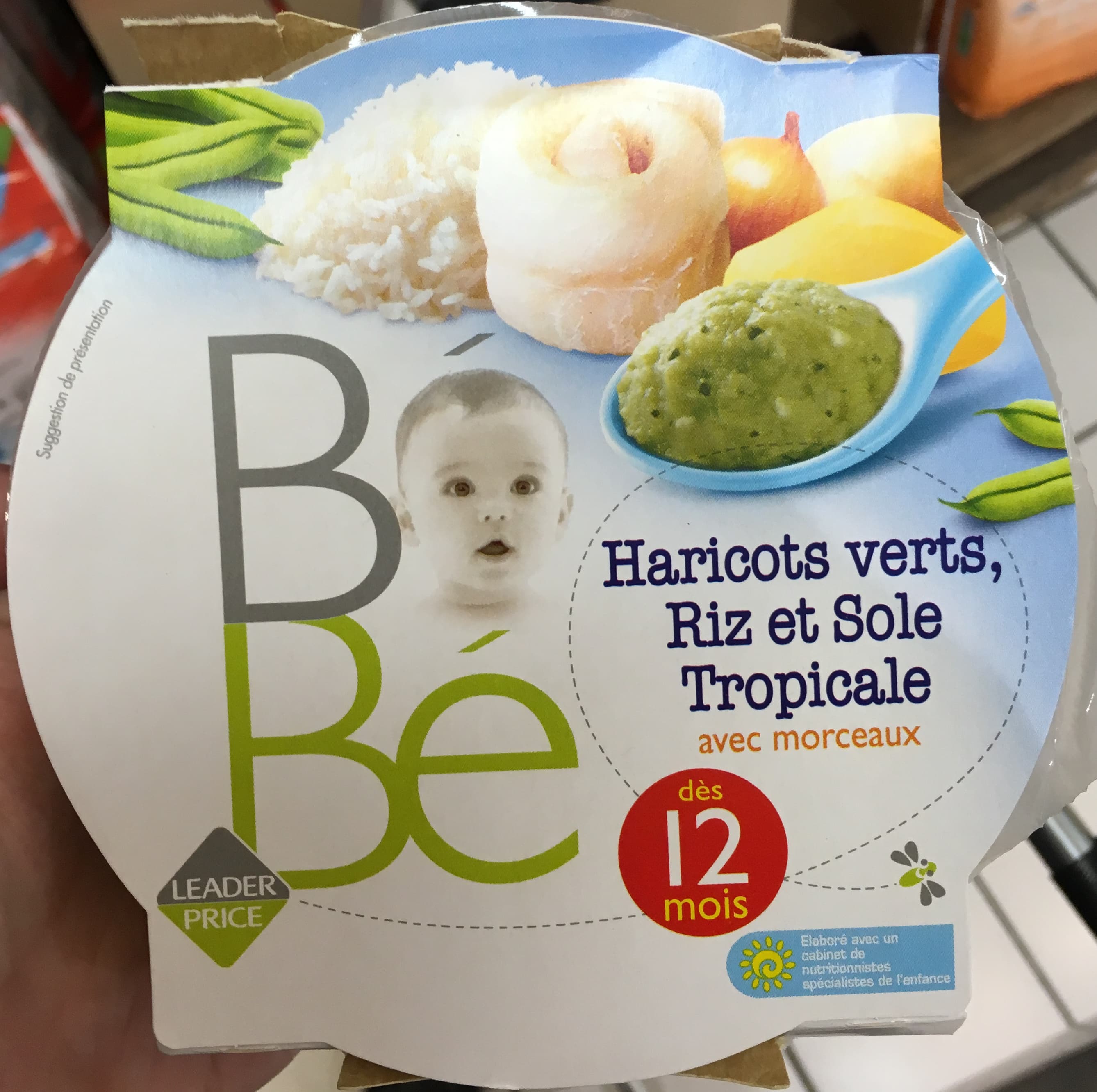 Leader Price Purée avec morceaux à base de haricots verts riz et sole tropicale. packshot