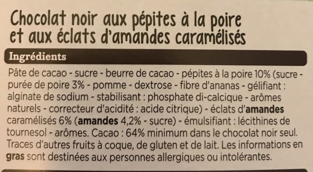 Franprix Chocolat noir dégustation poire et éclats d'amandes caramélisés packshot
