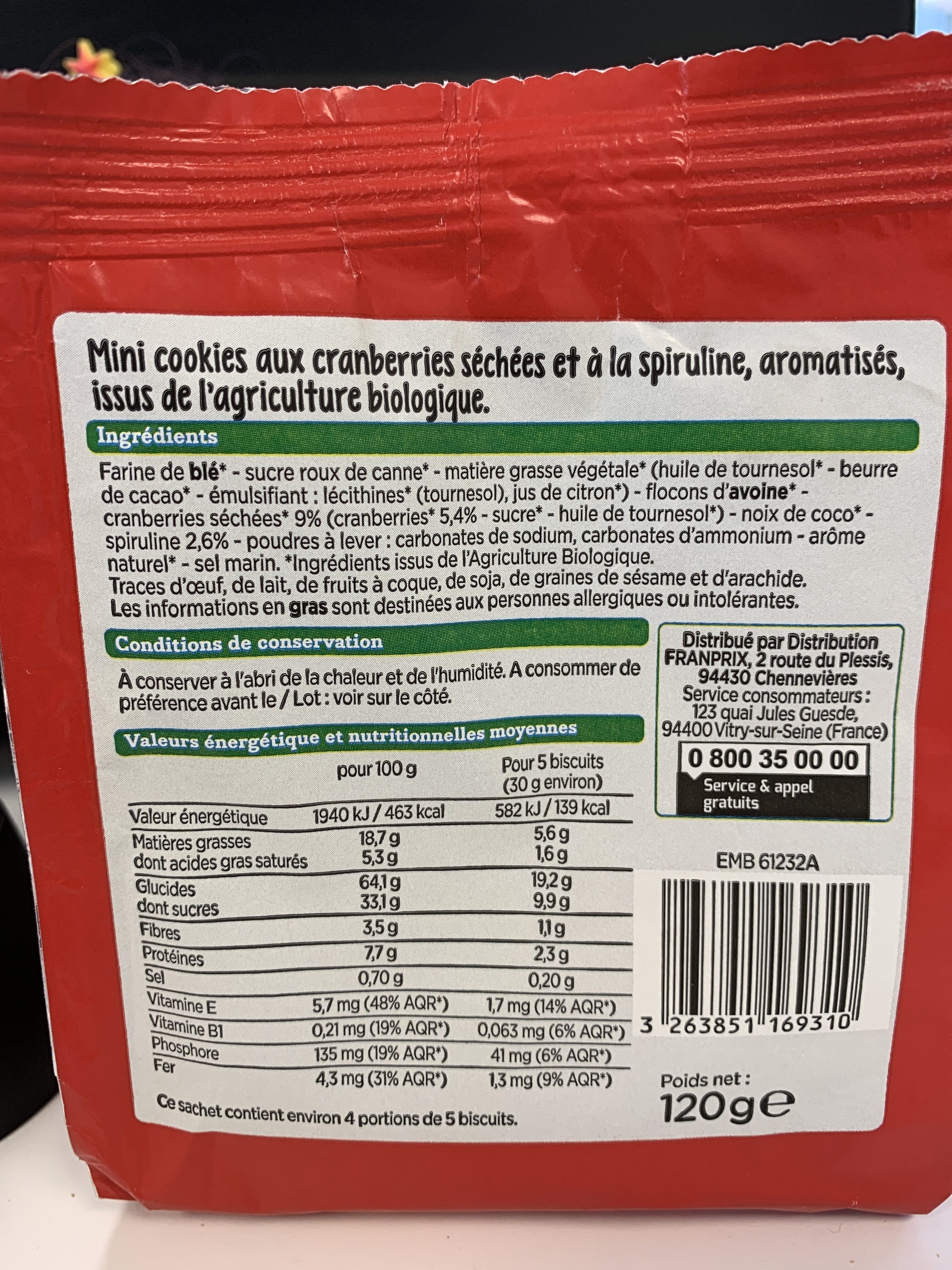 Franprix Mini cookies cranberries et spiruline packshot