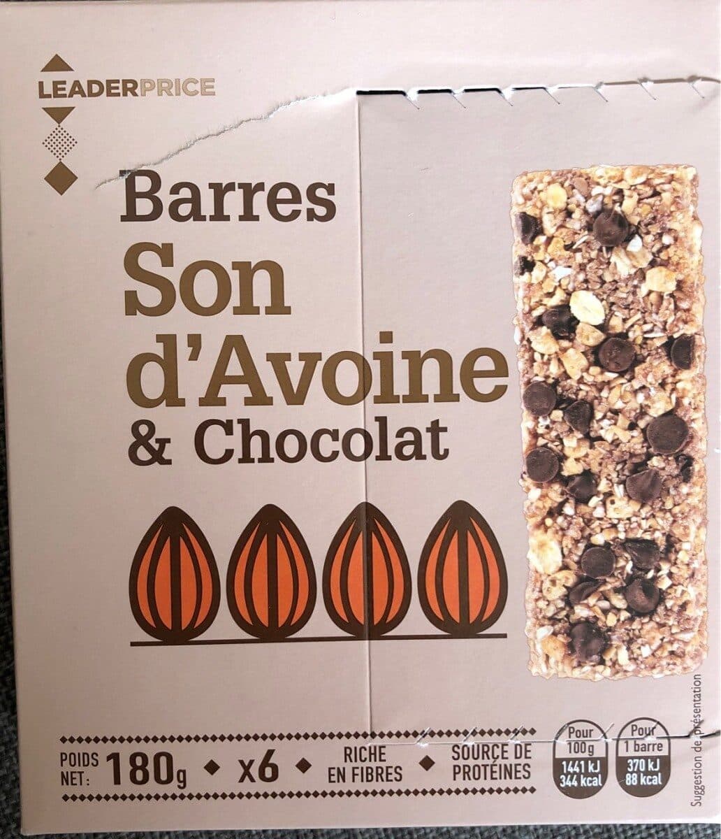 Leader Price Barres son d'avoine et chocolat packshot
