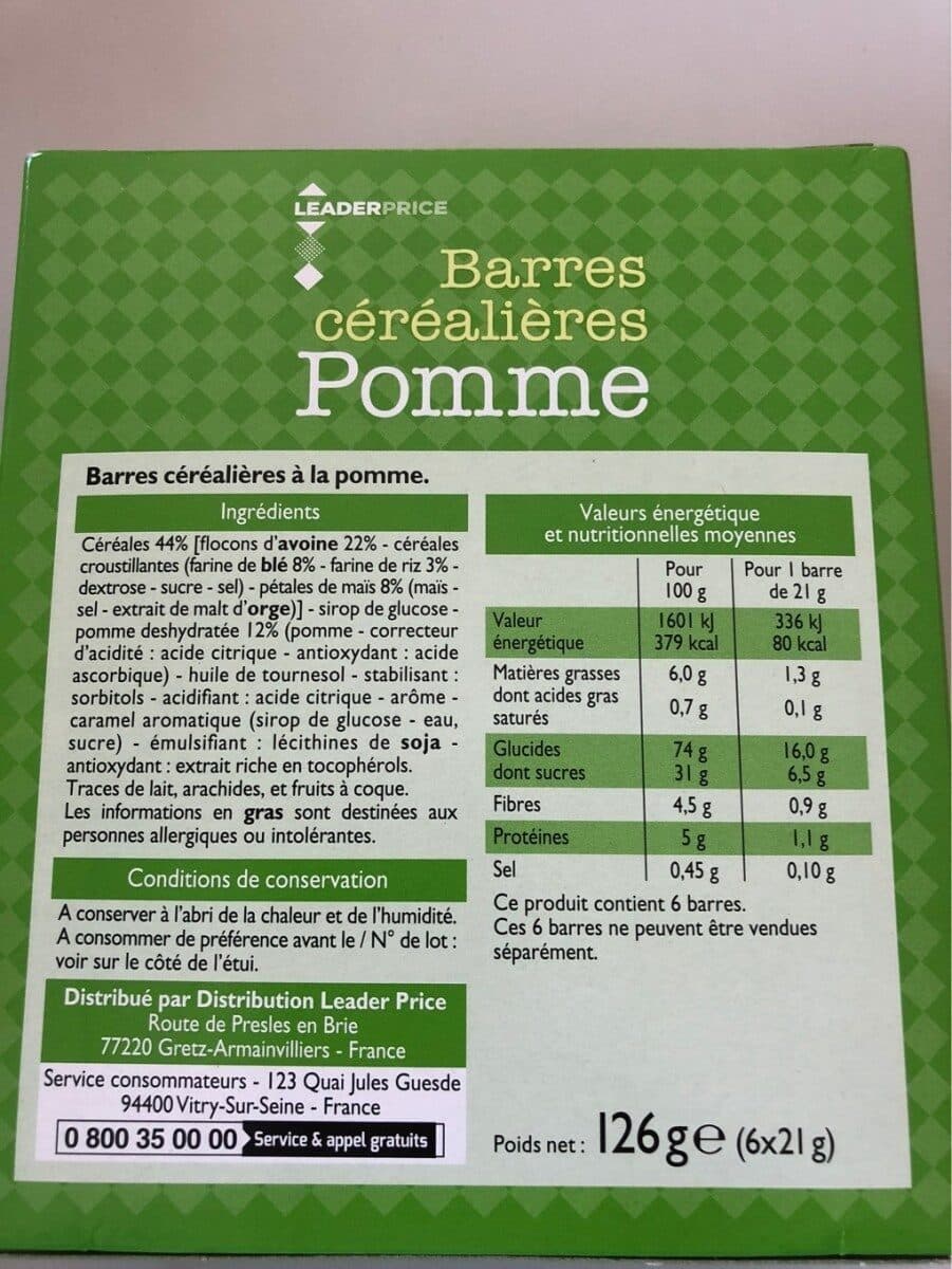 Leader Price Barre cerealieres Pomme packshot