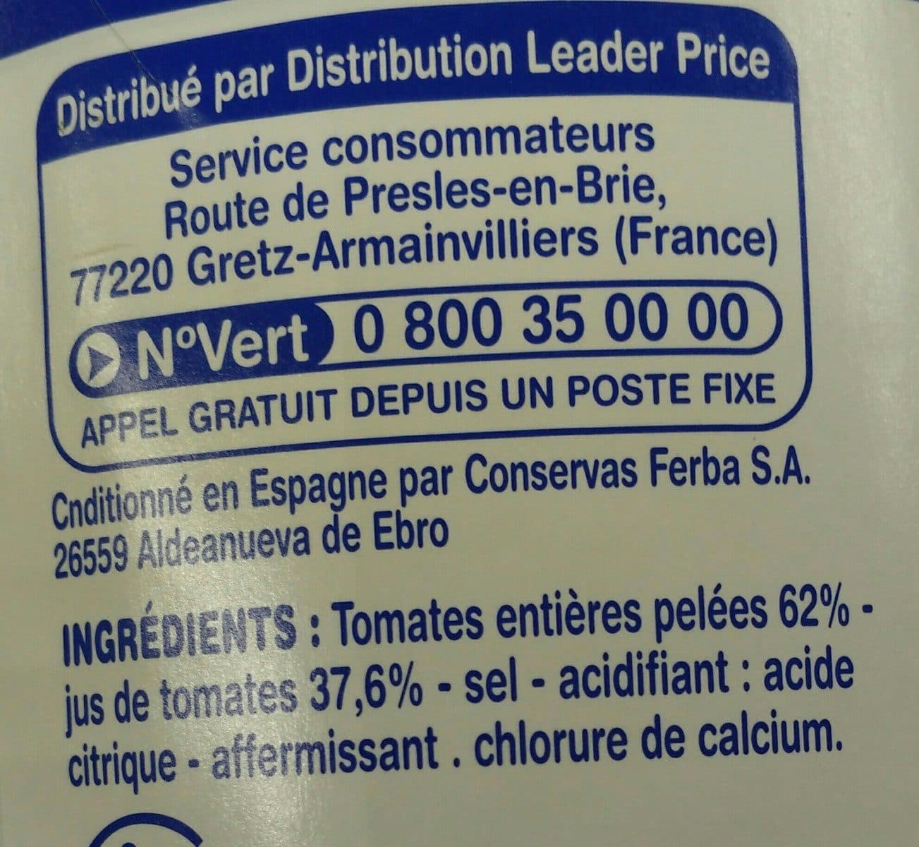 Leader Price Tomates entières pelées packshot