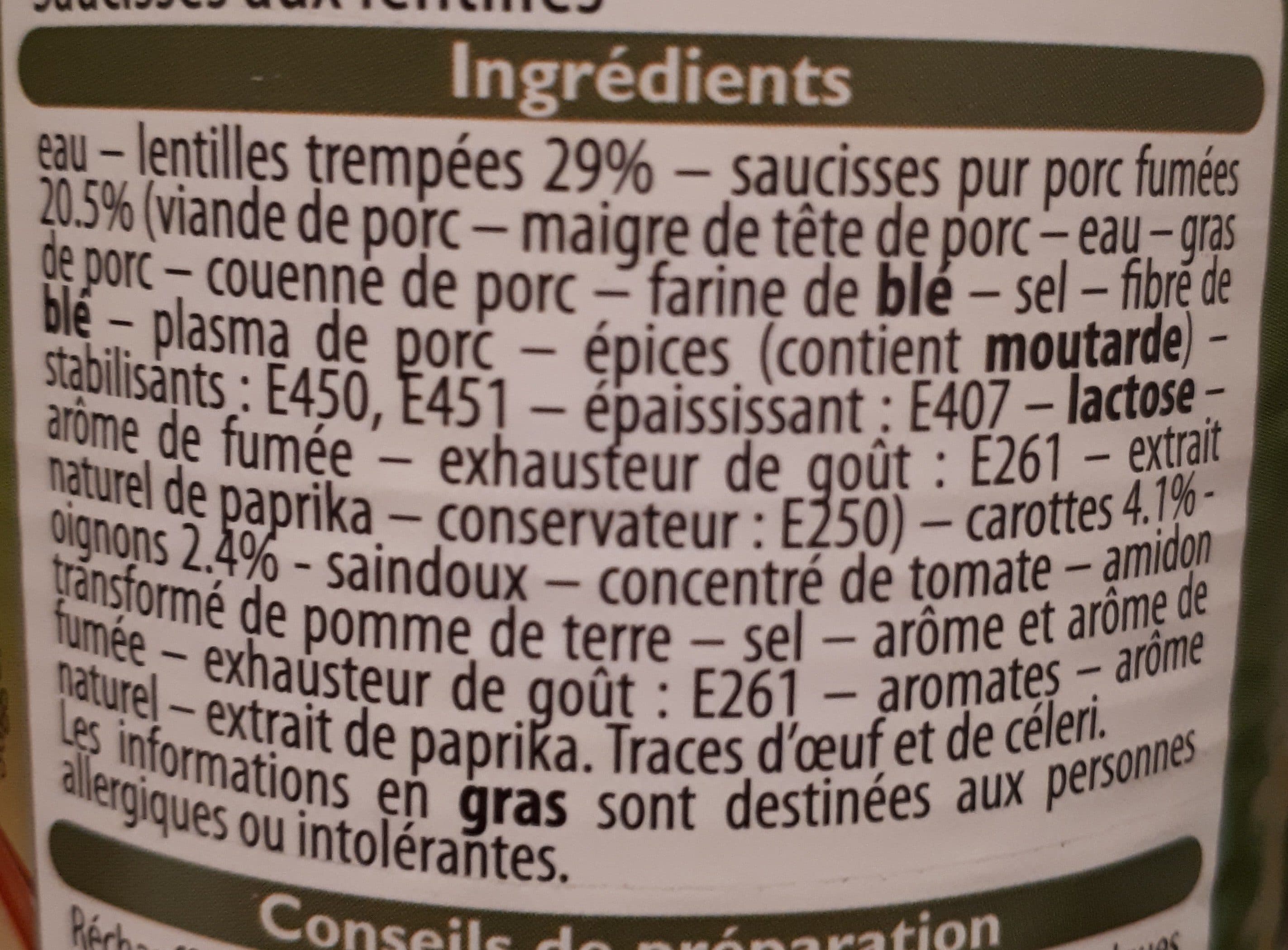Leader Price Saucisses Aux Lentilles, Les Connaisseurs, 420 Grammes, Marque Leader Price packshot