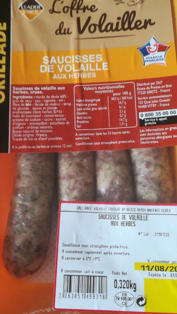 Leader Price Saucisse de volaille aux herbes packshot