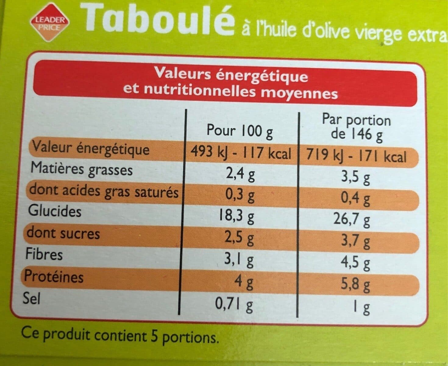 Leader Price Taboulé à l'huile d'olive vierge extra packshot