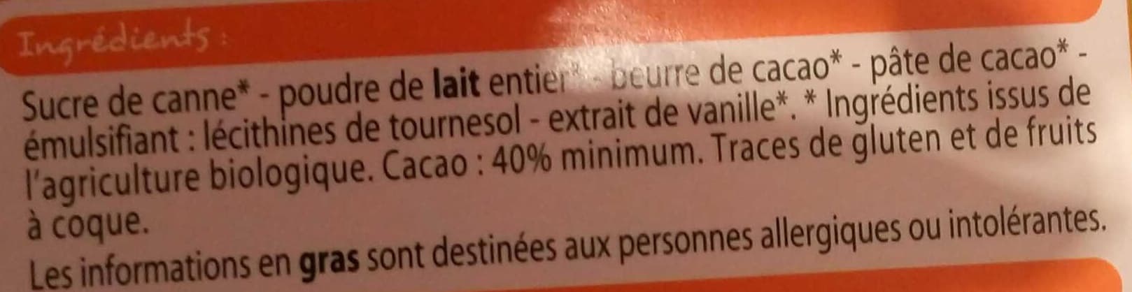 Leader Price Bio chocolat lait 40% de cacao packshot