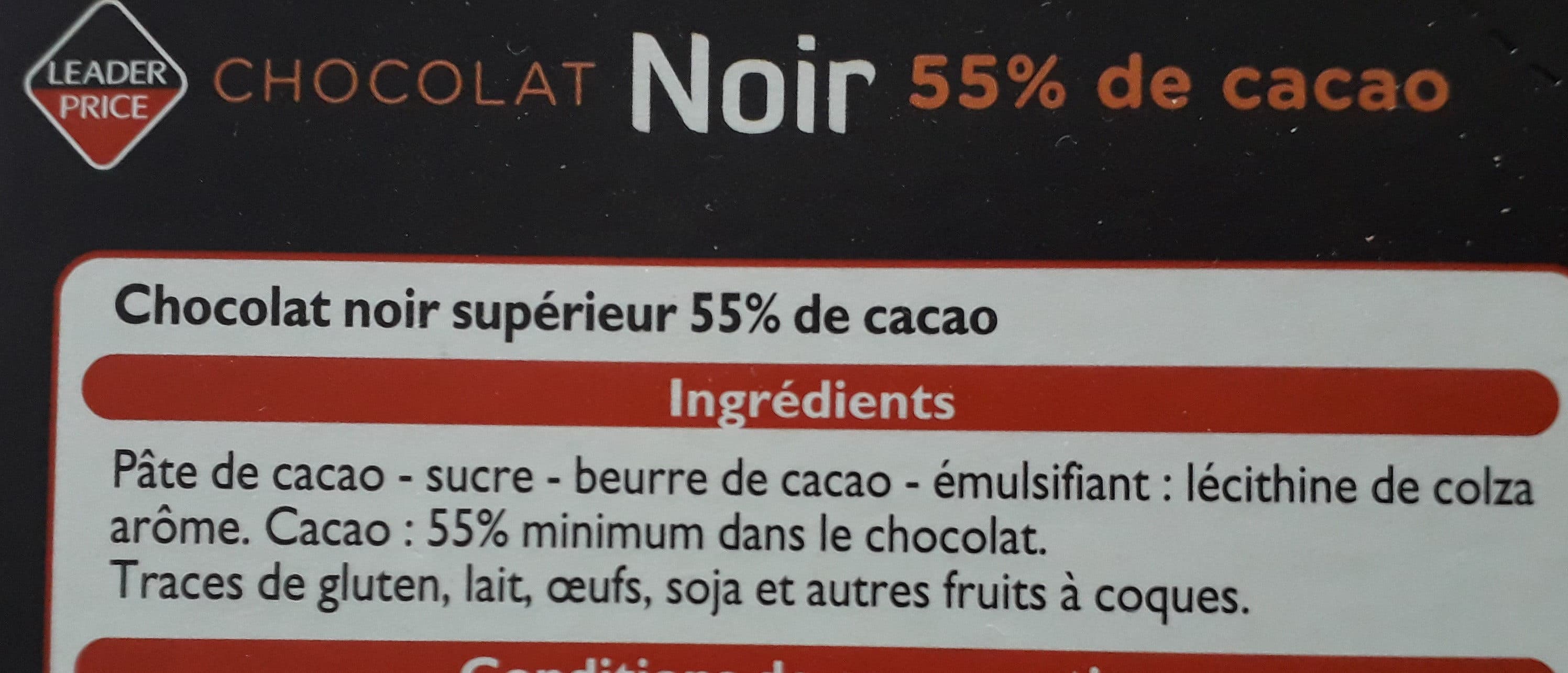 Leader Price Chocolat noir 55% de cacao packshot