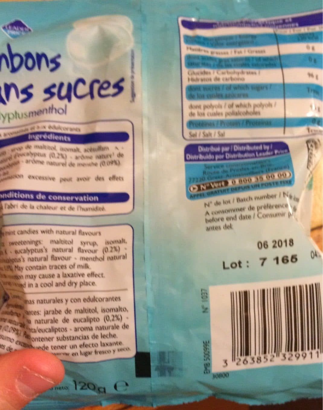 Leader Price Bonbons Sans Sucres Eucalyptus Mentol packshot