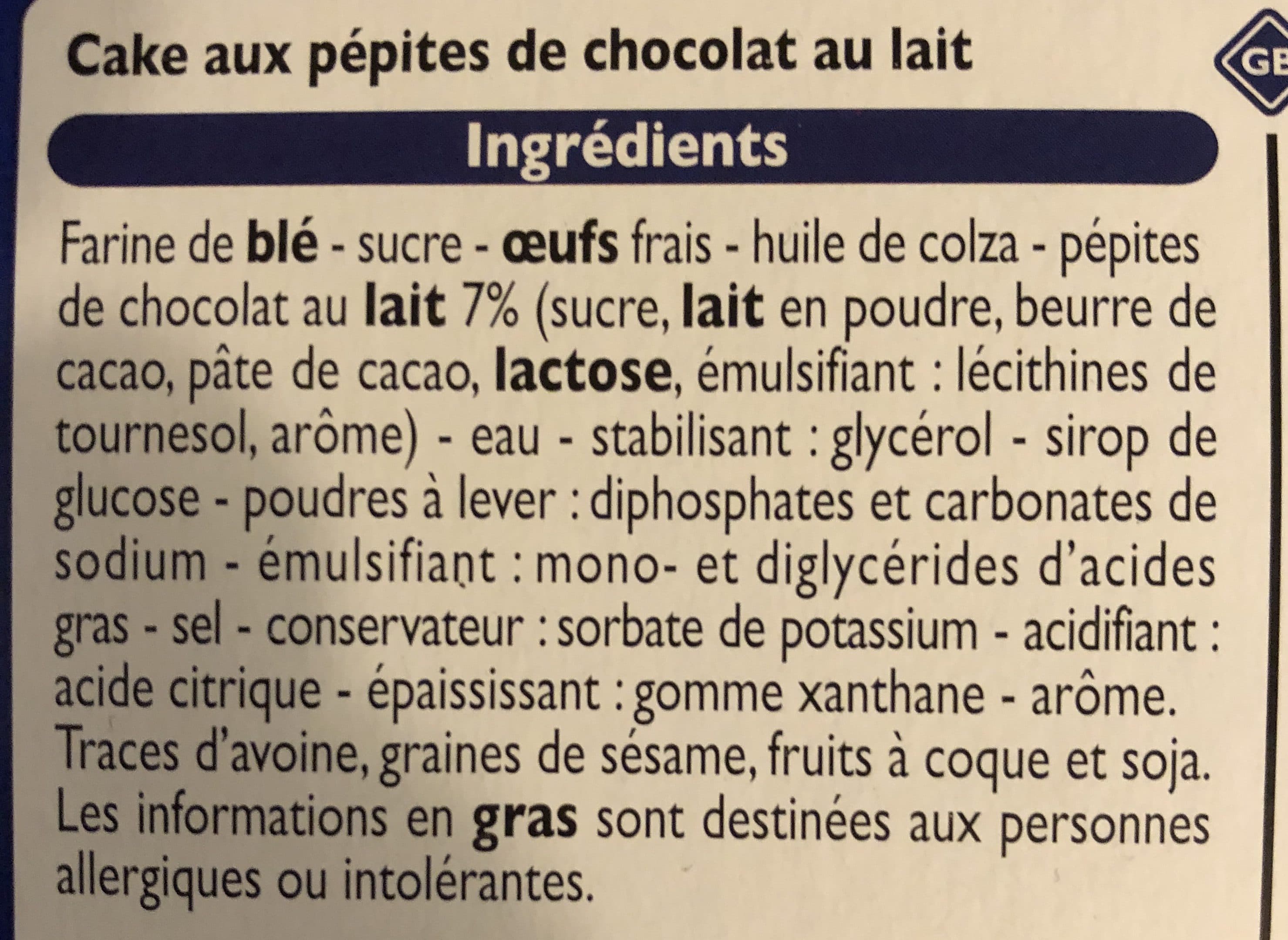 Leader Price Cake aux pepites de chocolat packshot