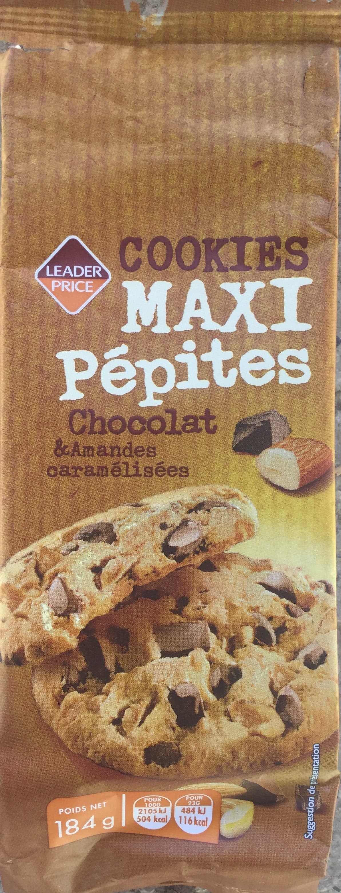 Leader Price Cookies maxi pépites chocolat et Amandes caramélisées packshot