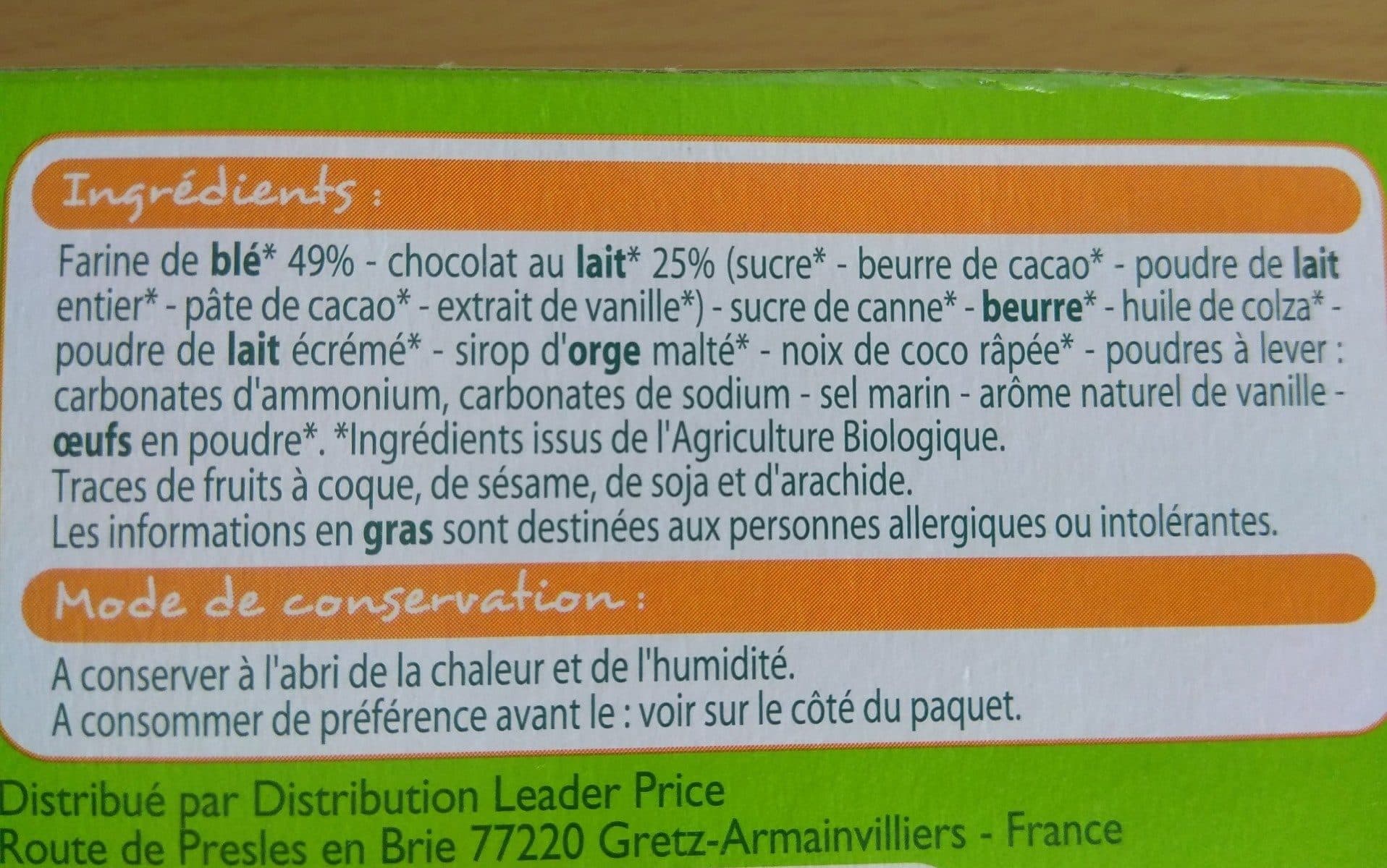Leader Price Sablé au chocolat au lait bio packshot