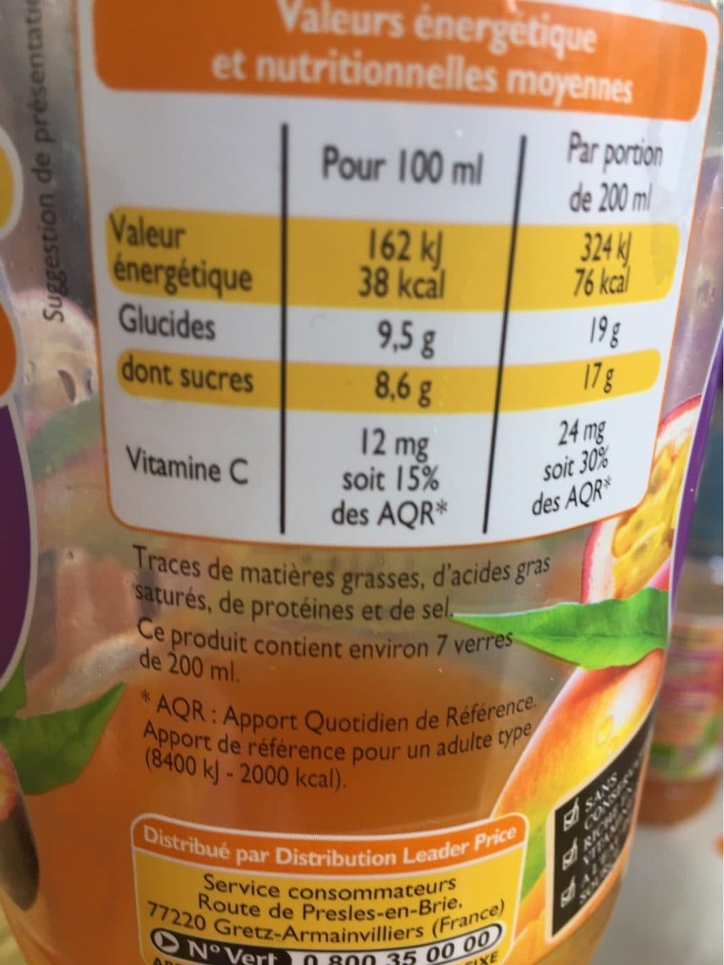Leader Price Boisson gazeuse aux fruits saveur mangue passion packshot
