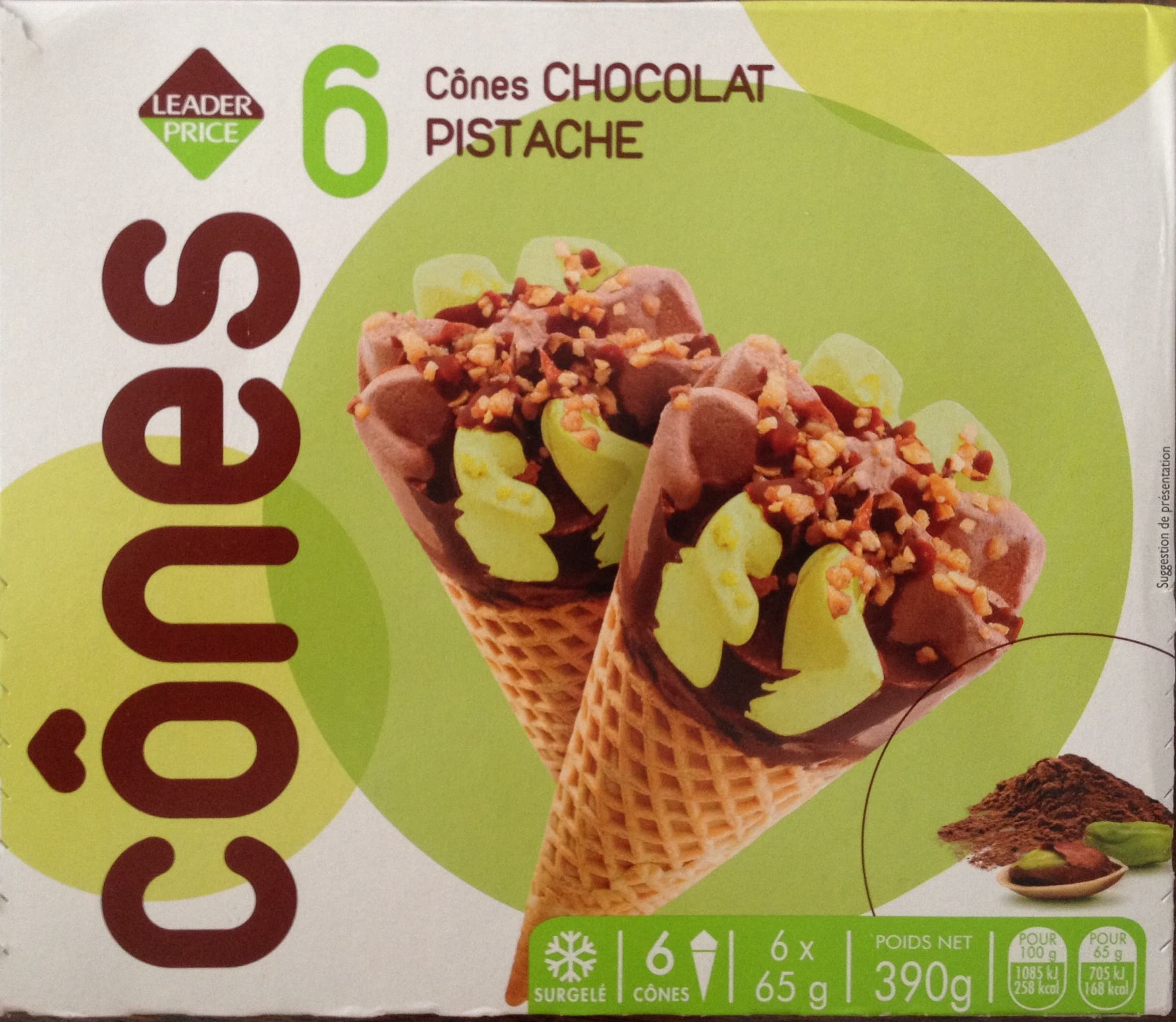 Leader Price 6 Cônes chocolat pistache packshot