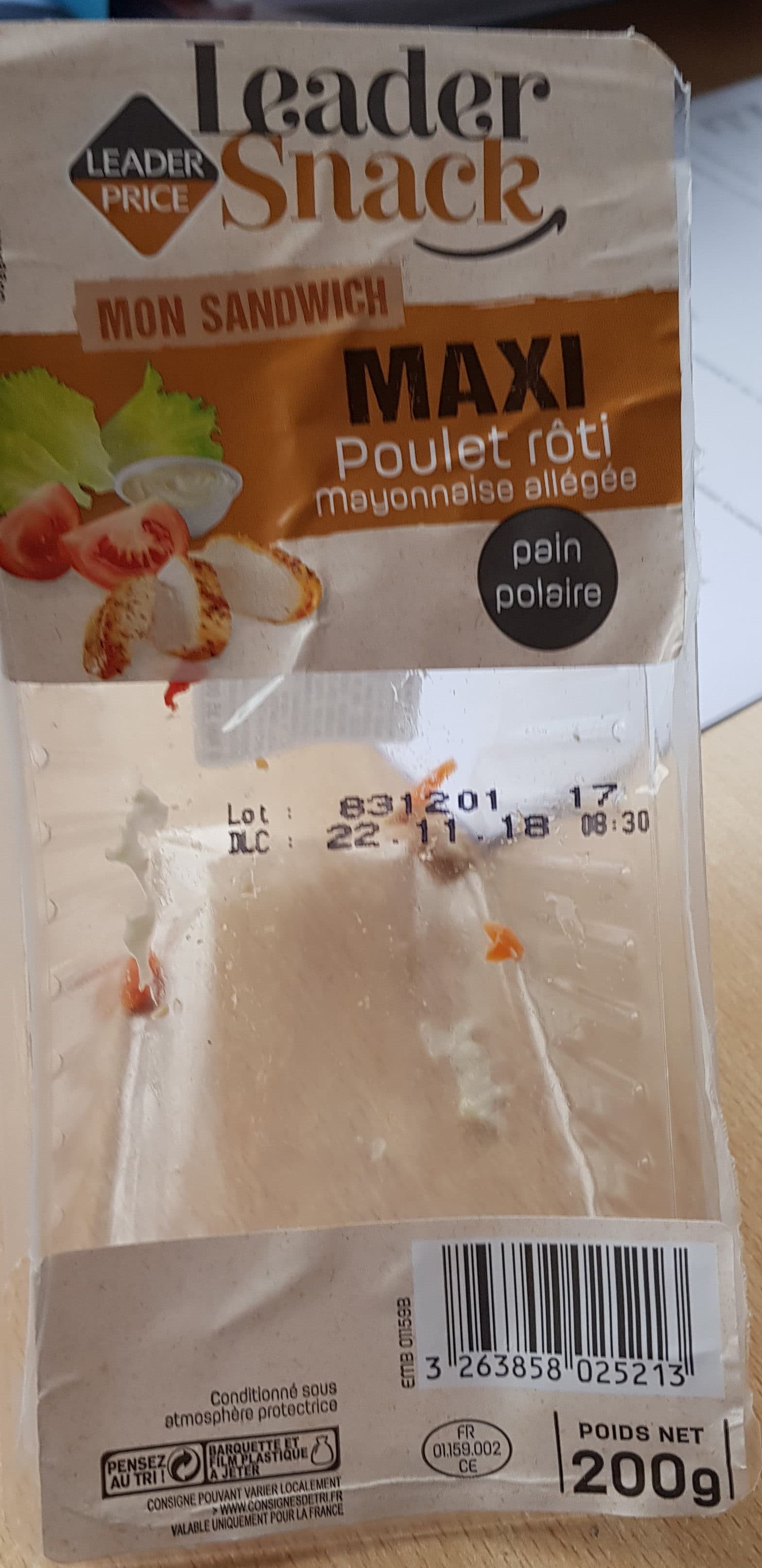 Leader Price Sandwich Polaire Poulet Rôti mayonnaise packshot